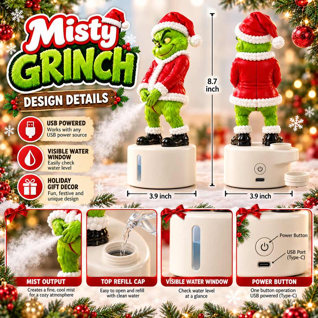 Misty Grinch design details: USB Type-C, refill cap, water window and dimensions