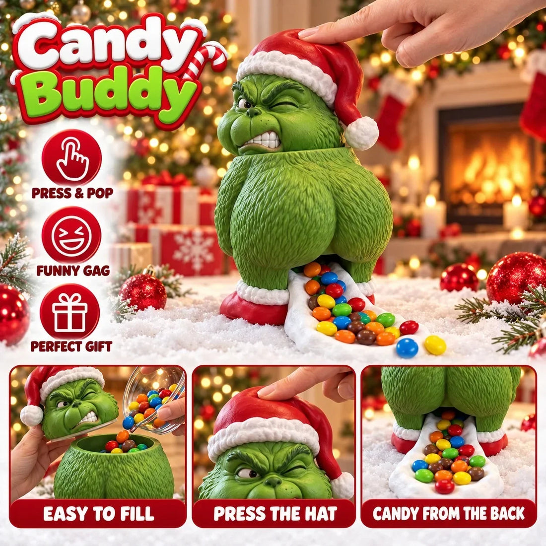 Grinch candy dispenser showing how to fill, press and dispense